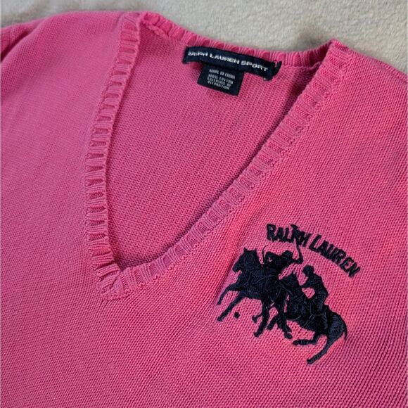 Vintage Ralph Lauren V-Neck Sweater Women's Large Hot Pink Embroidered Logo - Picture 3 of 7